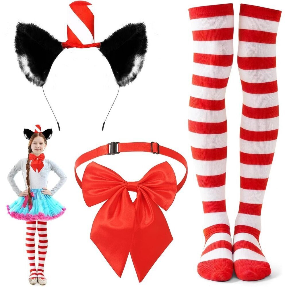 Cat Costume Accessory Set Includes Cat Ears Headband Socks Bowtie for Parties
